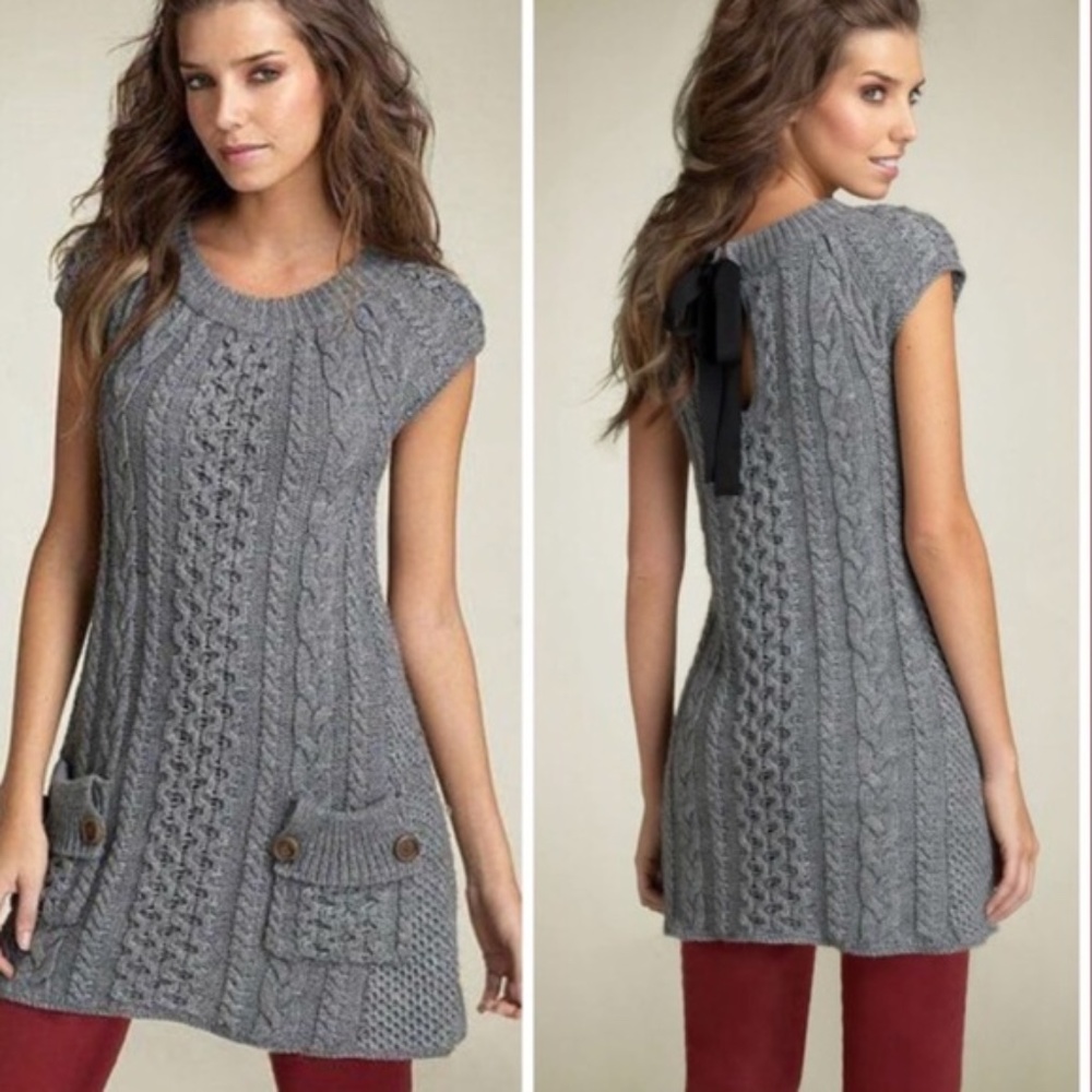 FREE PEOPLE | Cable Knit Sweater Tunic Dress Gray